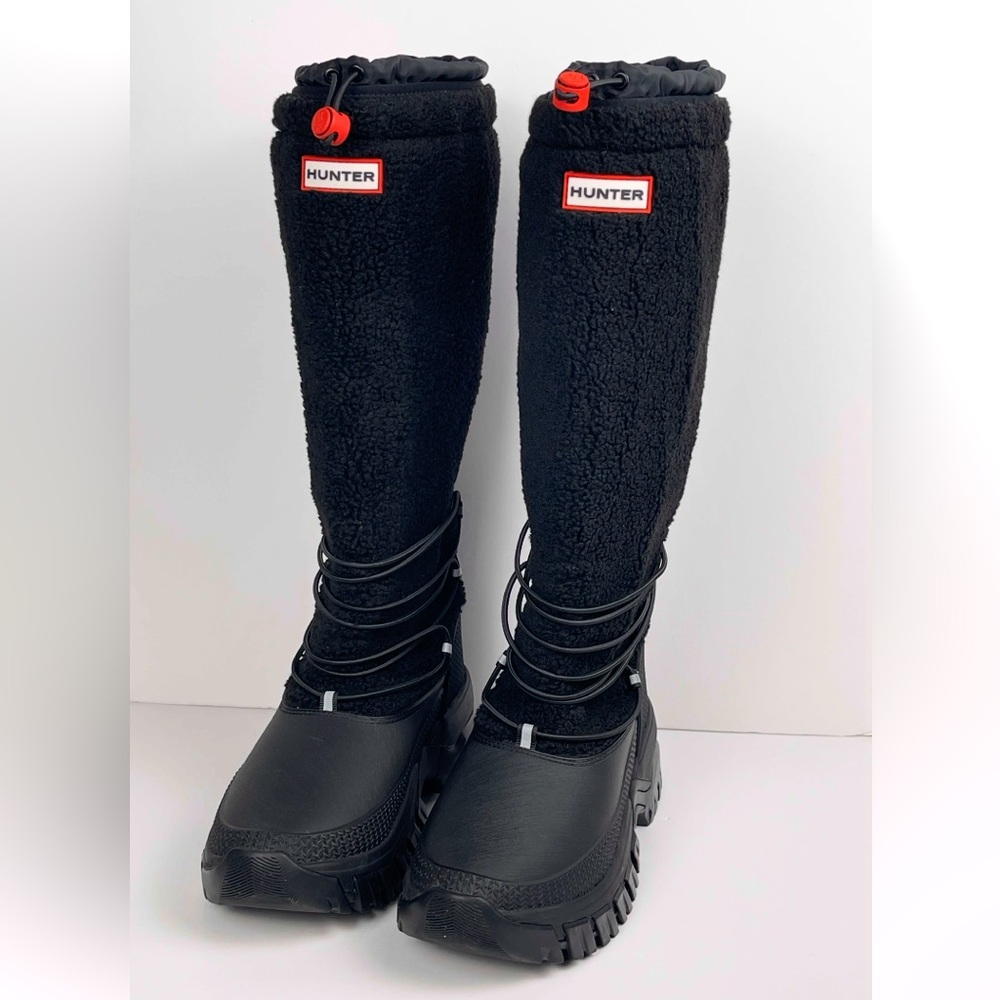 Hunter Black Tall Fleece-Lined Rain Boots with Red Accents